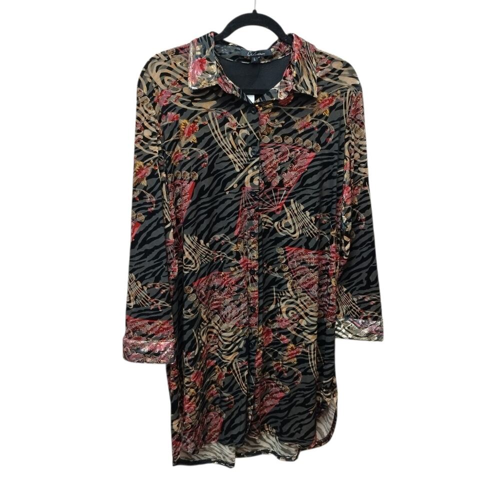 NWT Calessa Velvet Burnout Button Up Tunic Top Large Paisley Asian Sheer Boho